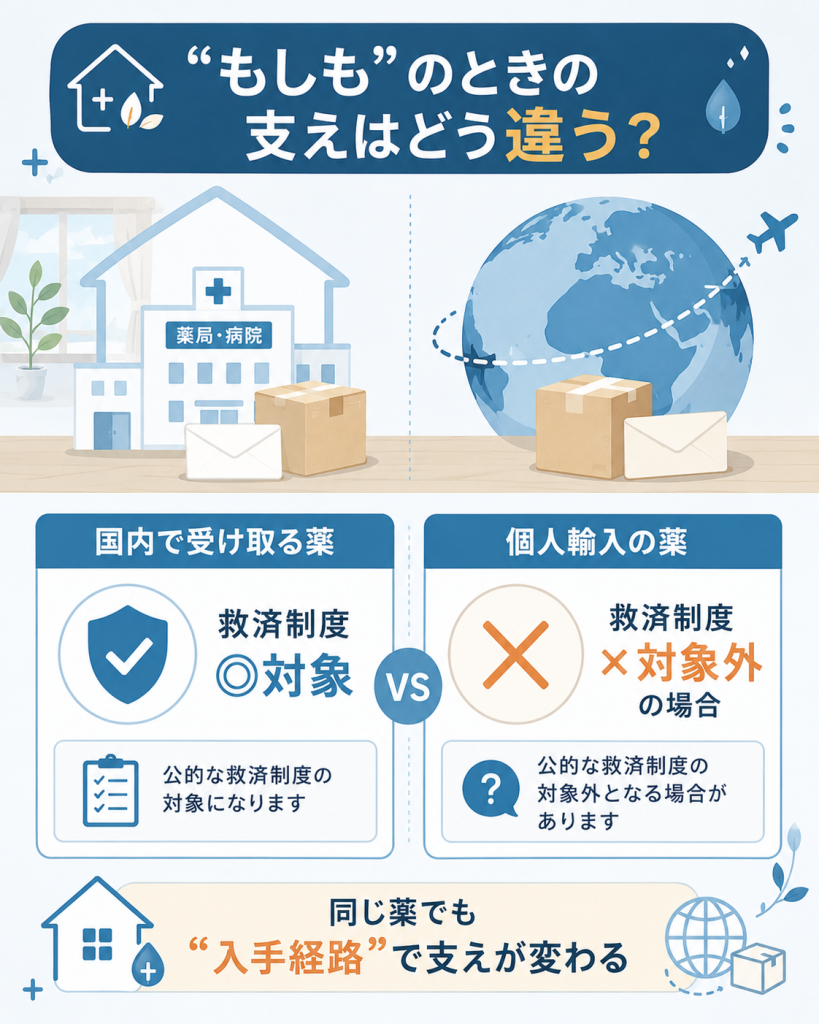 国内の薬と個人輸入の薬で救済制度が違うことを示す図解