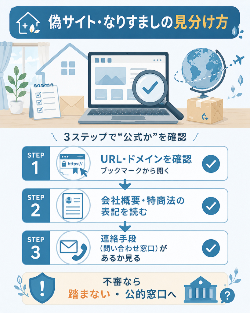 偽サイトを見分ける3つの確認手順を示した図解