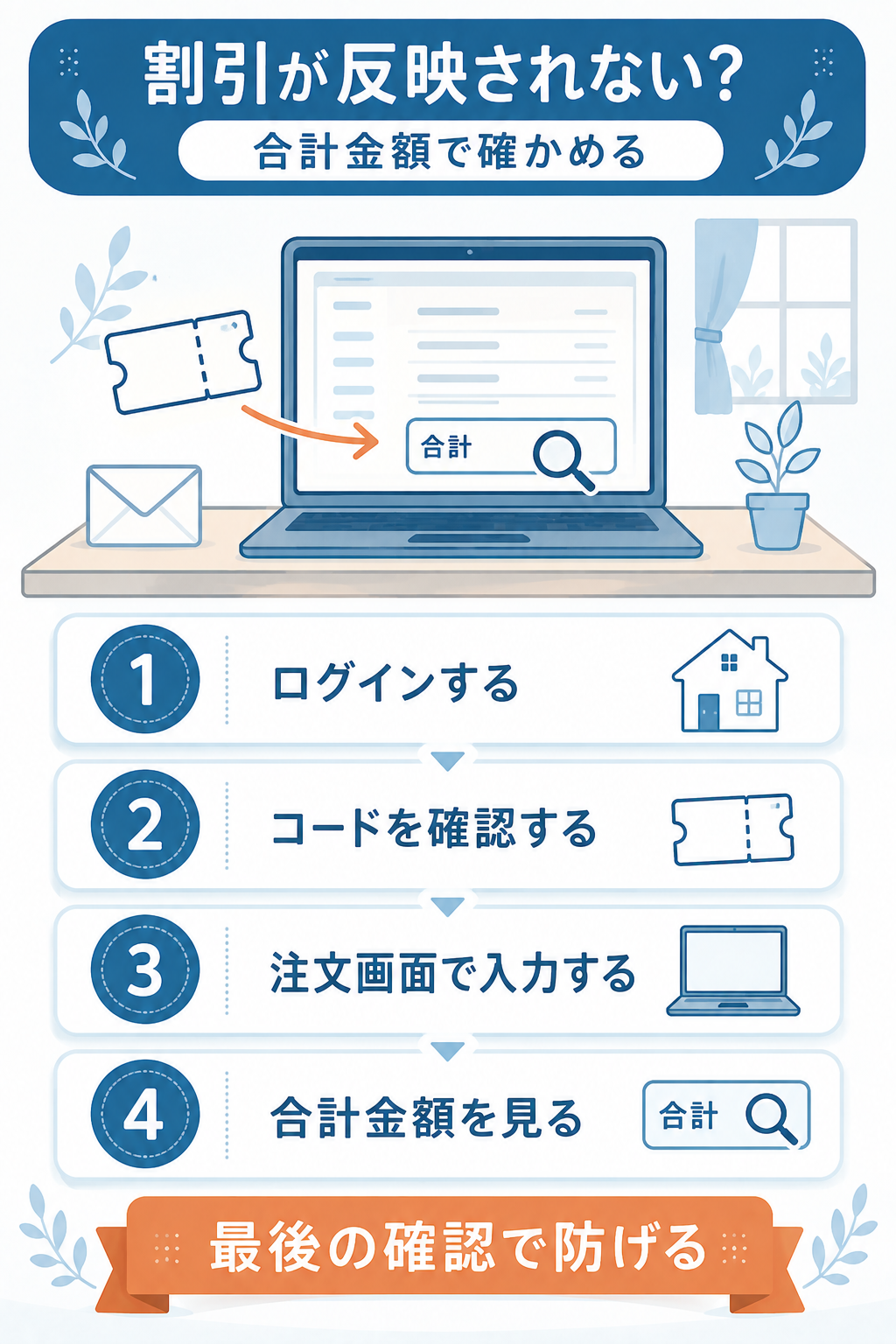 注文画面でクーポンコードを入力する4つの手順を示したフロー図
