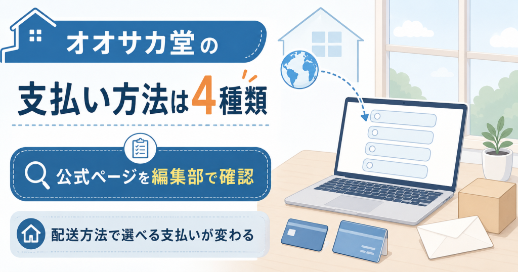 オオサカ堂の支払い方法がカード・振込・コンビニなど4種類だと示す図解