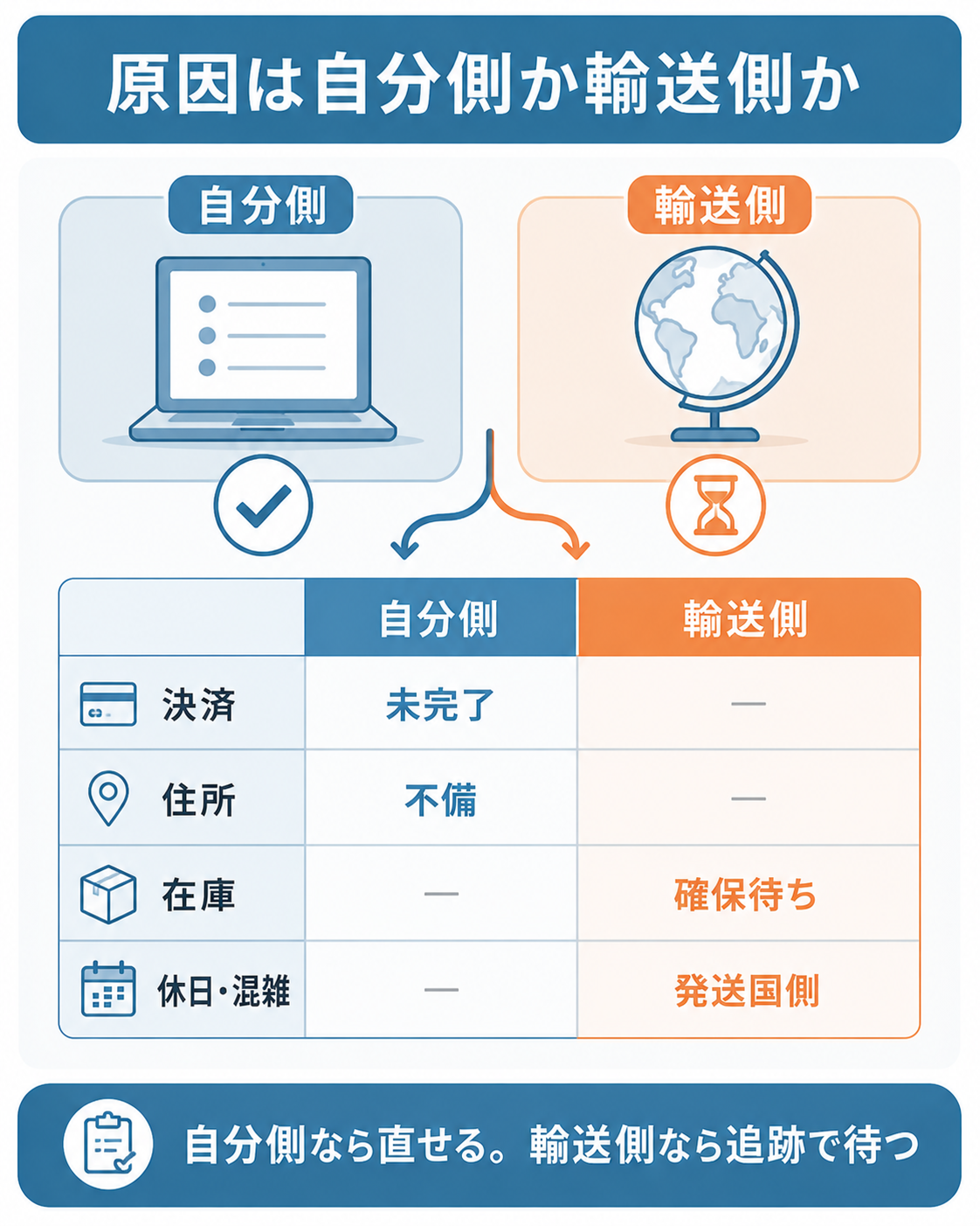 発送されない原因を自分側と輸送側に分けた図