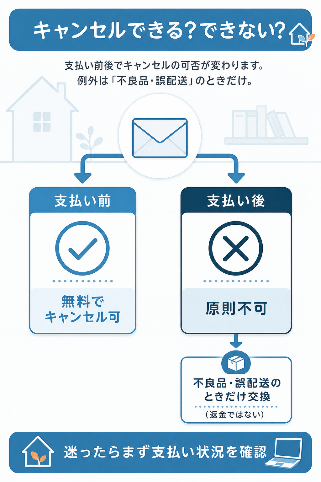 図解:支払い後にキャンセルできない理由と不良品時の交換手順