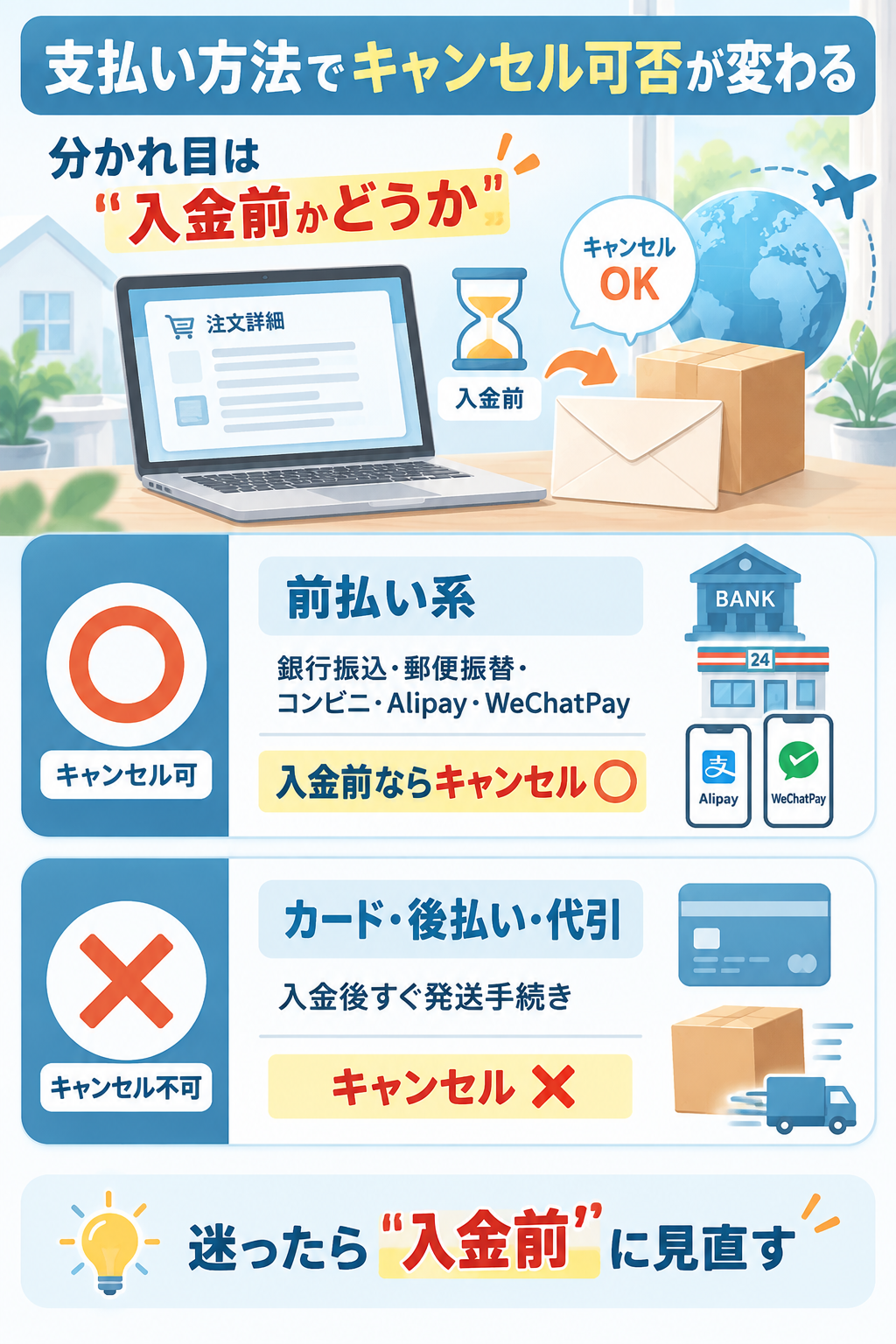支払い方法別のキャンセル可否をまとめた図解