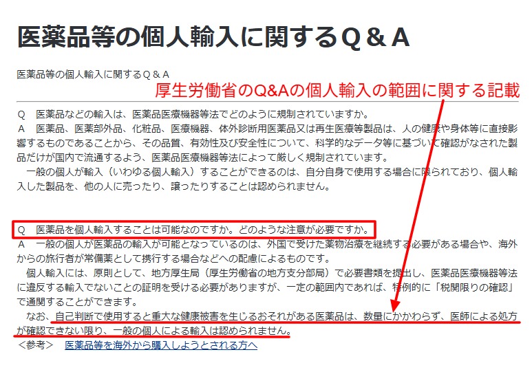 厚生労働省の個人輸入Q&Aの該当箇所